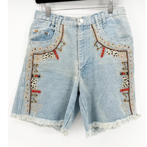 Jou Jou Pants - JOU JOU VTG 80s Denim Blue Embellished Long Jean Short 11/12